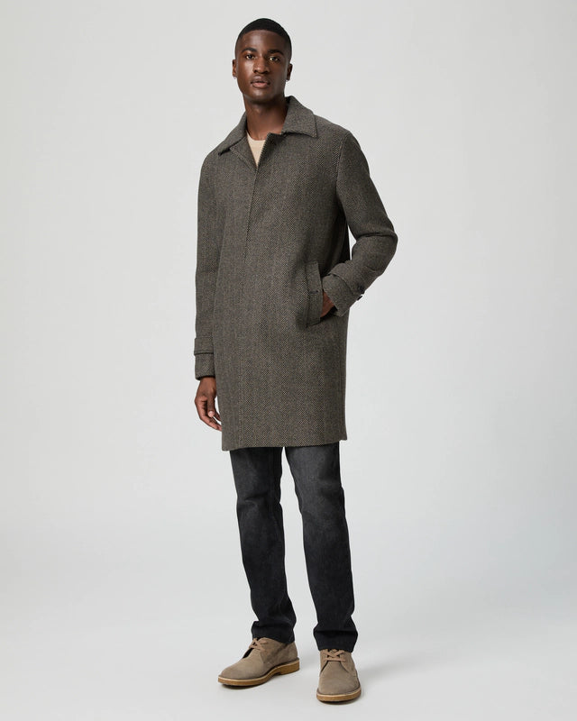 knee length grey herringbone coat with notch lapel from paige model shot