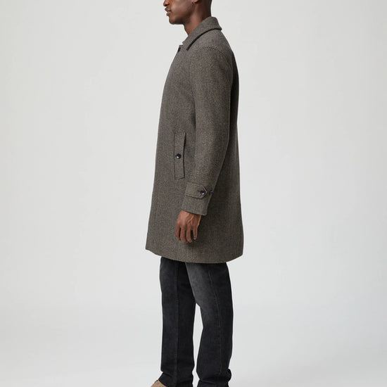 knee length grey herringbone coat with notch lapel from paige side view