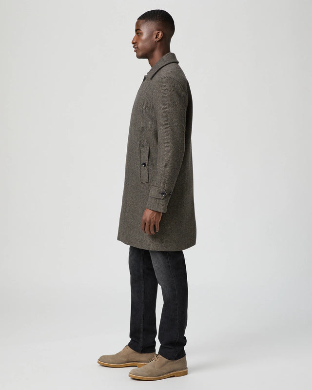 knee length grey herringbone coat with notch lapel from paige side view