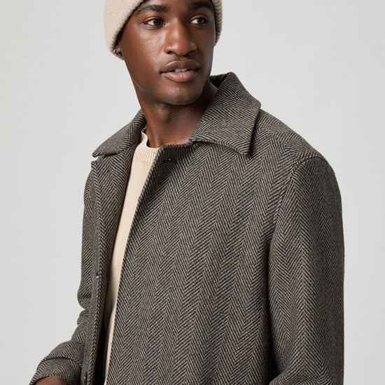 knee length grey herringbone coat with notch lapel from paige close up