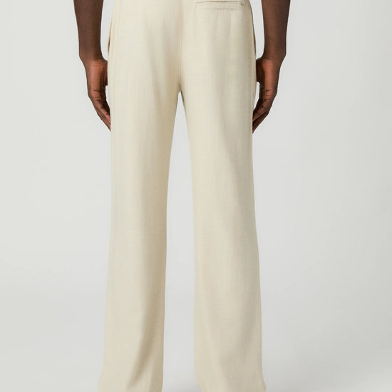 Beige paige pants worn by a man on a white background rear view