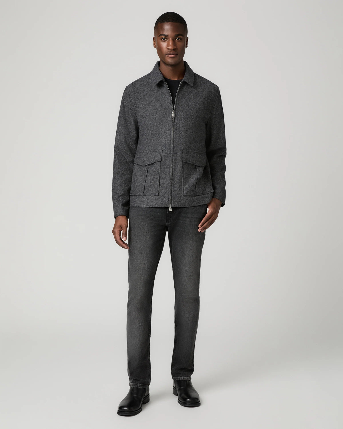 Man wearing grey zip jacket and black jeans  full outfit 