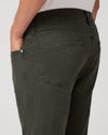 Close-up back view of a person wearing dark olive green jeans, showing the back pocket, waistband, and side pocket with a hand in the pocket, against a light gray background.