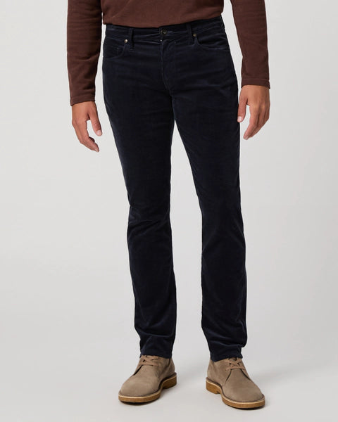 navy blue micro corduroy slim straight leg jeans with metallic hardware from paige