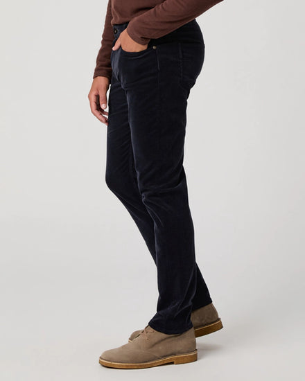 navy blue micro corduroy slim straight leg jeans with metallic hardware from paige side view
