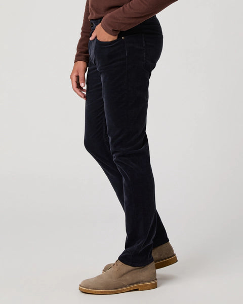 navy blue micro corduroy slim straight leg jeans with metallic hardware from paige side view