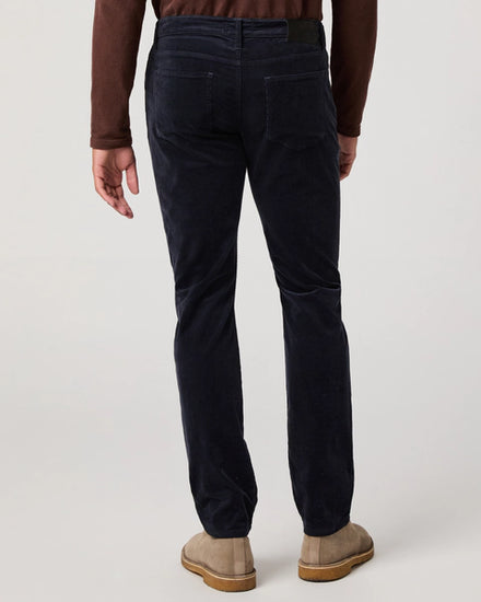 navy blue micro corduroy slim straight leg jeans with metallic hardware from paige rear view