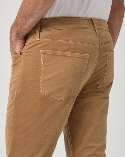 camel corduroy slim leg jeans with pockets from paige close up of rear
