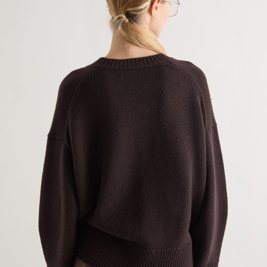 rear view of chocolate brown v neck wool jumper on model
