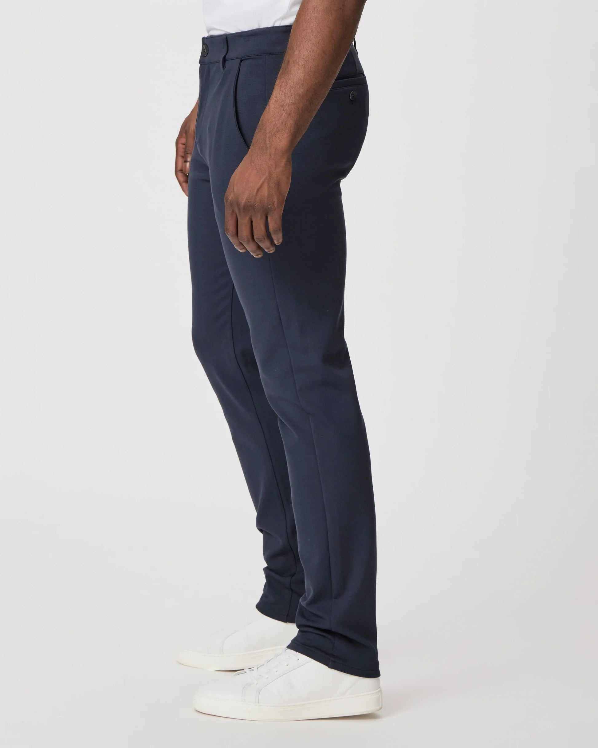 mens dark navy trousers with rear welt pockets side view 