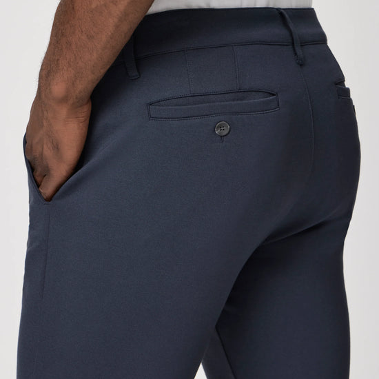 mens dark navy trousers with rear welt pockets rear view close up