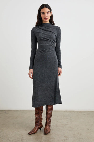 dark grey body con dress with ruching details and long sleeves