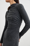 dark grey body con dress with ruching details and long sleeves side view