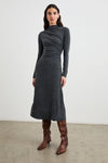 dark grey body con dress with ruching details and long sleeves model shot