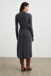 dark grey body con dress with ruching details and long sleeves rear view