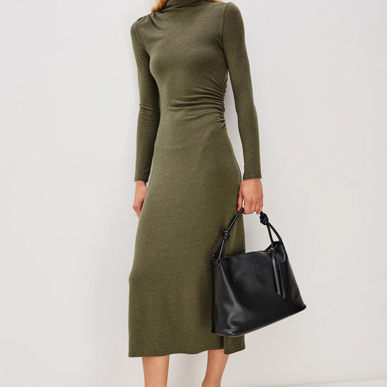 olive green bodycon dress with rouche detailing and mid length with long sleeves