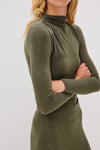 olive green bodycon dress with rouche detailing and mid length with long sleeves close up