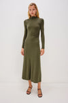 olive green bodycon dress with rouche detailing and mid length with long sleeves model shot 