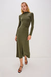 olive green bodycon dress with rouche detailing and mid length with long sleeves model shot