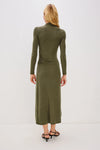 olive green bodycon dress with rouche detailing and mid length with long sleeves rear view