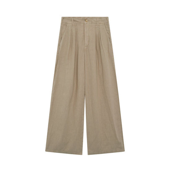 Light khaki wide leg linen trousers with pleated front zip fly and button fastening