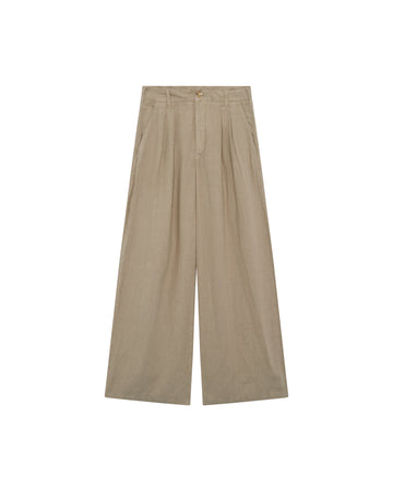 Light khaki wide leg linen trousers with pleated front zip fly and button fastening