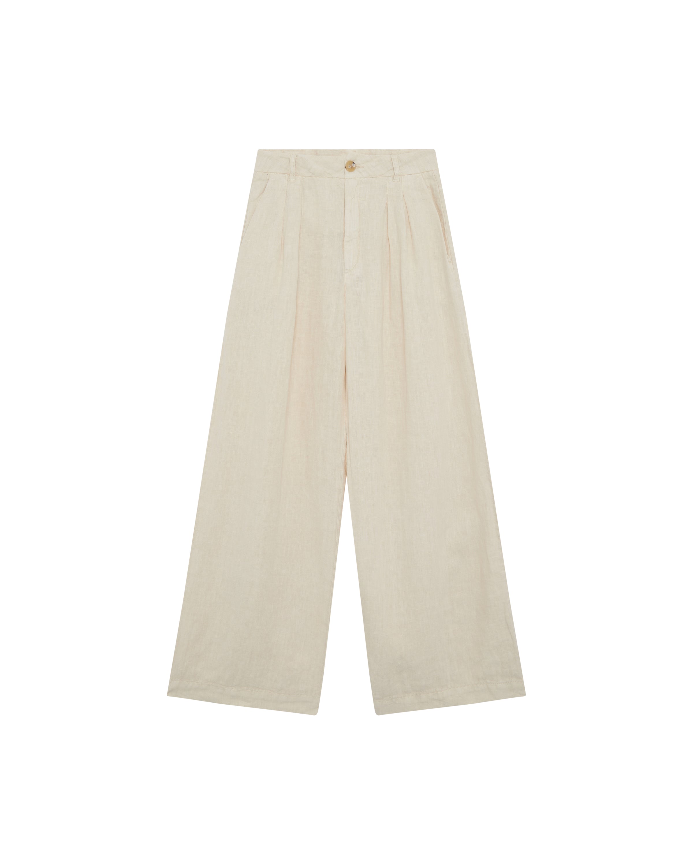 Ecru wide leg linen trousers with pleated front zip fly and button fastening