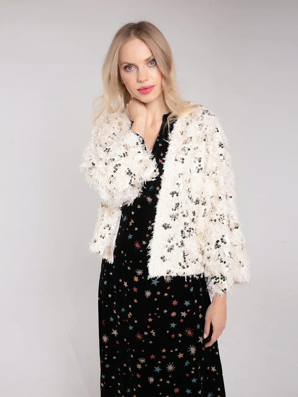 Cream feathery faux fur and sequin kimono top with wide three quarter length sleeves