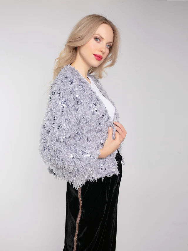 Grey feathery faux fur and sequin kimono top with wide three quarter length sleeves