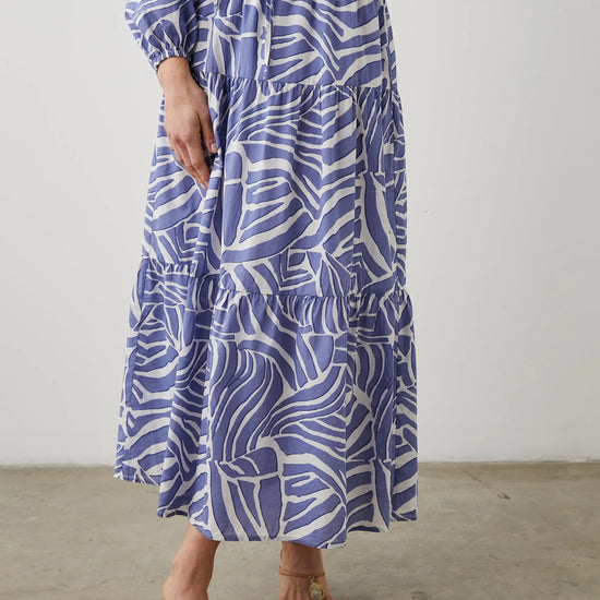 Midi skirt with white and cornflower blue geometric pattern fully lined with triple tiers