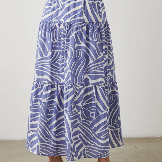 Midi skirt with white and cornflower blue geometric pattern fully lined with triple tiers