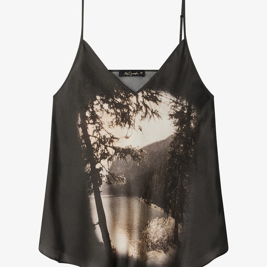 black silk cami with tree image on front