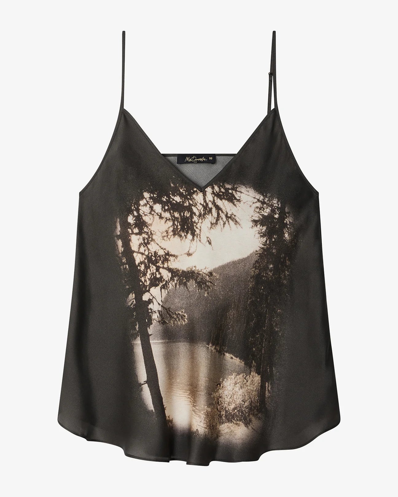 black silk cami with tree image on front