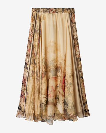 Long floral-patterned skirt on a white background