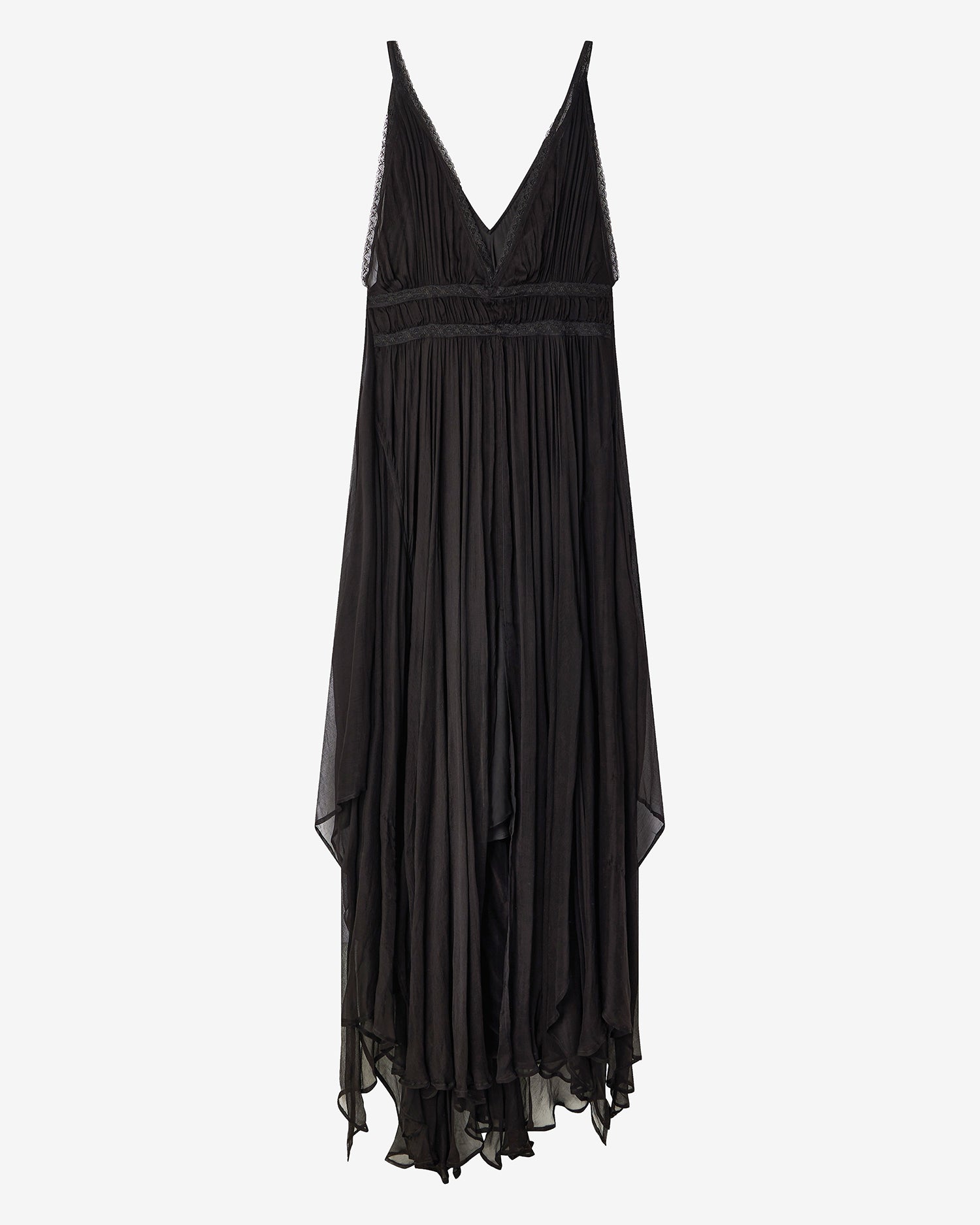 Black dress with sheer details on a white background