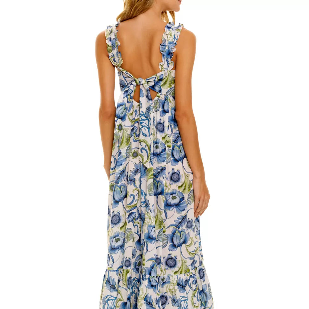 maxi floral dress with ecru base and blue and green pattern with ruffle straps tie back and deep frill
