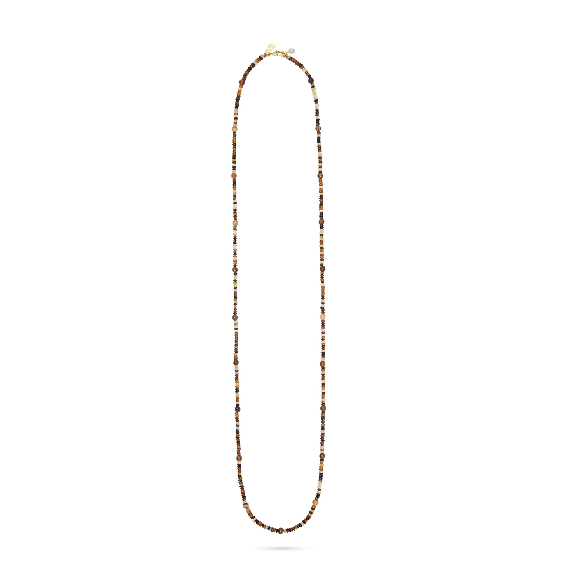 Long beaded necklace on a white background from Talis Chains