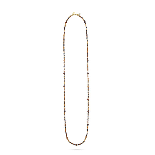 Long beaded necklace on a white background from Talis Chains