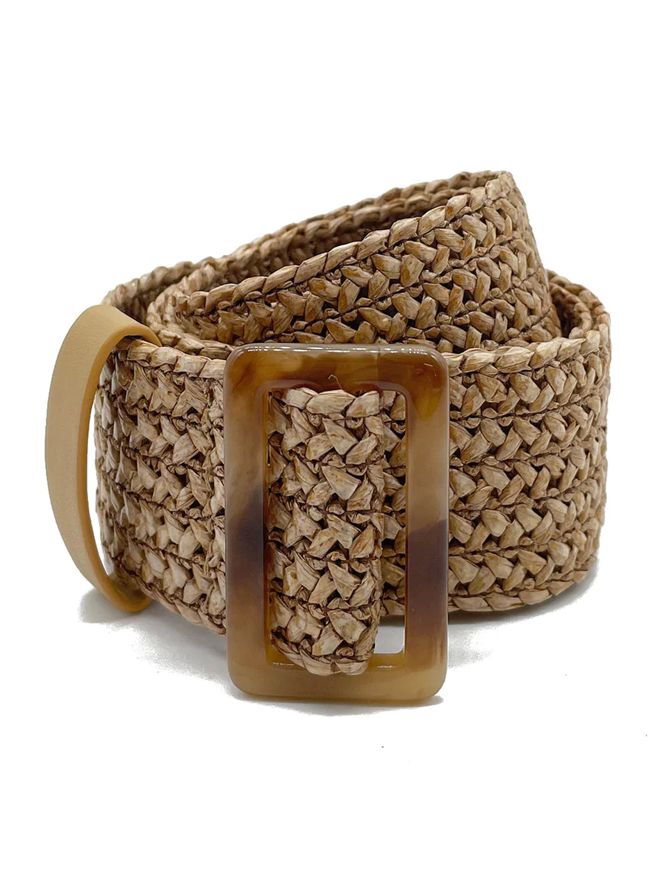 Natural colour woven belt with a tortoiseshell colour buckle