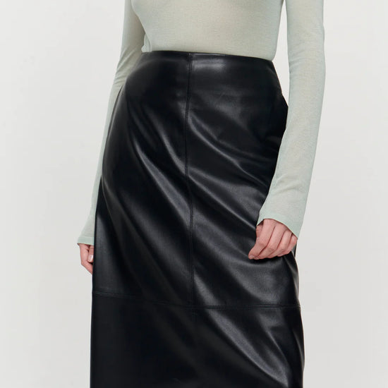 A line midi vegan leather black skirt with panel features and a centre back zip fastening with inseam side pockets