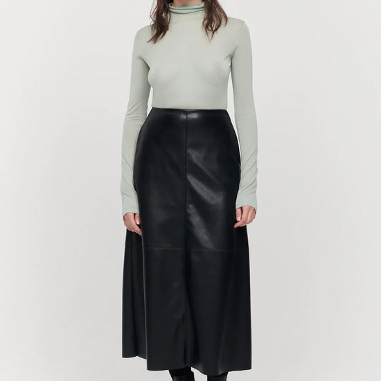 A line midi vegan leather black skirt with panel features and a centre back zip fastening with inseam side pockets