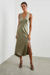 Satin sage green midi dress with empire line V neck and backline with front side split
