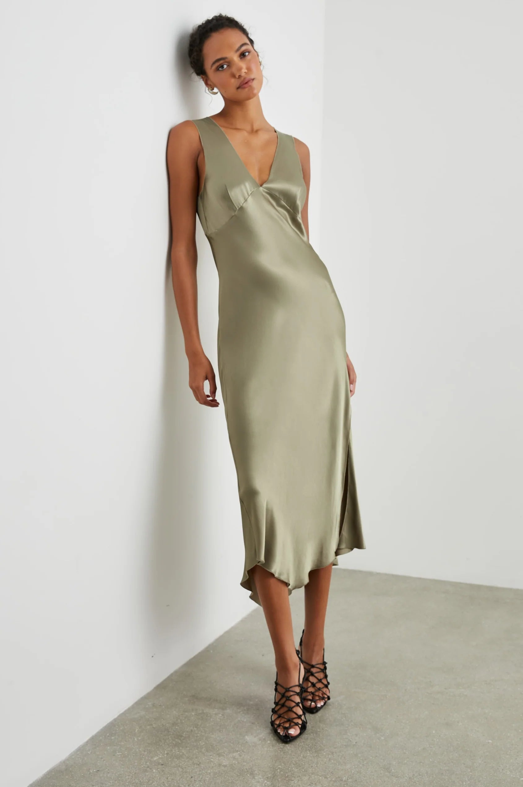 Satin sage green midi dress with empire line V neck and backline with front side split