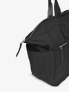 Black technical fabric weekend bag with shoulder handle and cross body handle with various silver metallic zip fastenings