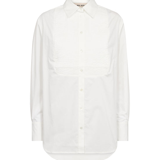 A white long-sleeve button-up shirt with a textured, vertically pleated yoke on the chest, displayed on a clean white background.