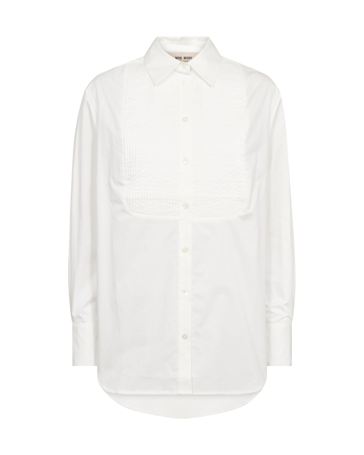 A white long-sleeve button-up shirt with a textured, vertically pleated yoke on the chest, displayed on a clean white background.