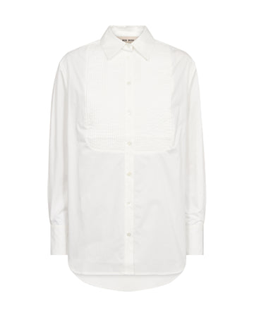 A white long-sleeve button-up shirt with a textured, vertically pleated yoke on the chest, displayed on a clean white background.