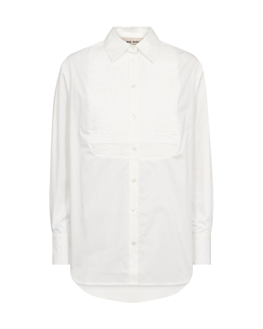 A white long-sleeve button-up shirt with a textured, vertically pleated yoke on the chest, displayed on a clean white background.