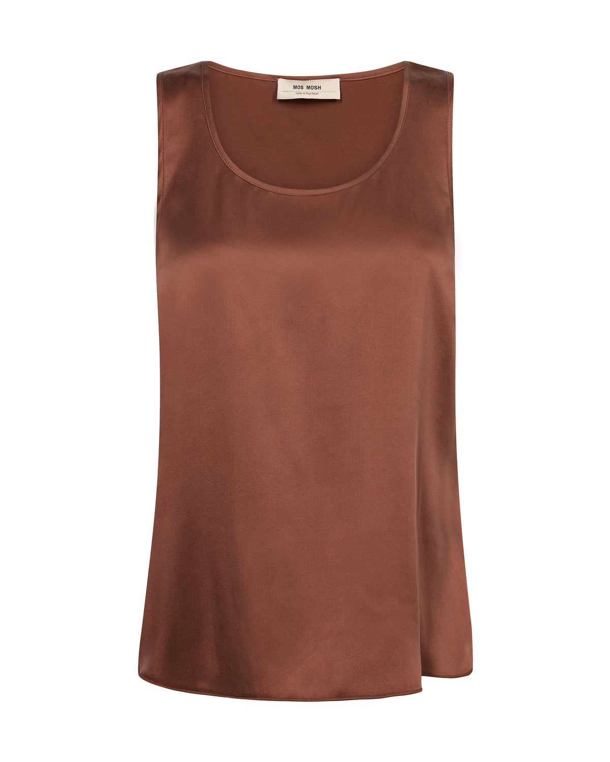 A sleeveless scoop-neck top in a warm rust brown color, displayed flat against a solid white background.