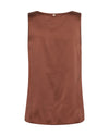 A sleeveless brown satin top shown from the back, featuring a smooth texture and a small silver button at the neckline, set against a plain white background.